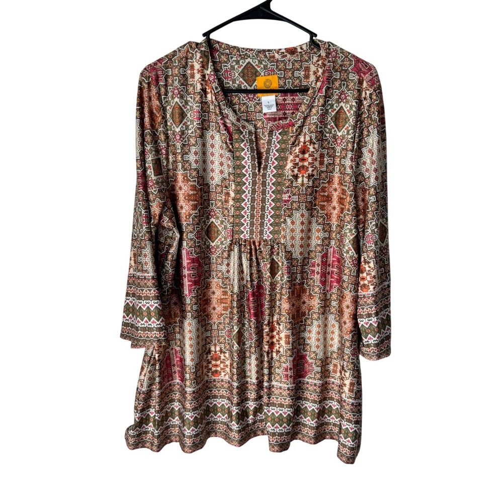 Ruby Rd Womens Large Tunic Top Boho Geometric Print 3/4 Sleeve Split Neck Multi